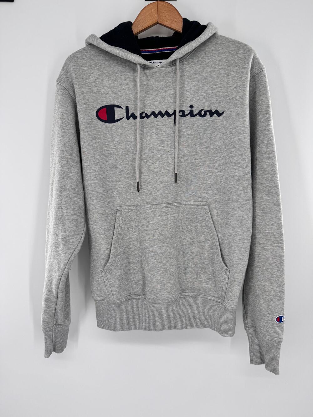 Champion Men's S Powerblend Gray Script Logo Pullover Hoodie GF89H Fleece